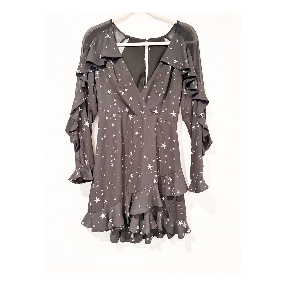 Fame and Partners Star Print Ruffle Mini Dress Black Mesh Long Sleeve Size 4
